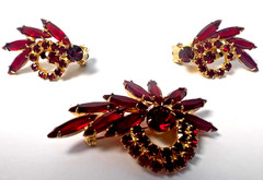Authentic D&E Juliana Dark Siam Red Marquis Spray Brooch and Earrings Set