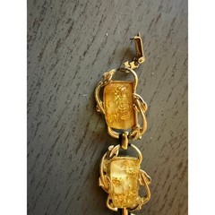 Vintage Gold Tone Amber Gold Foil Glass Cabochon Link Bracelet Fold Over Clasp