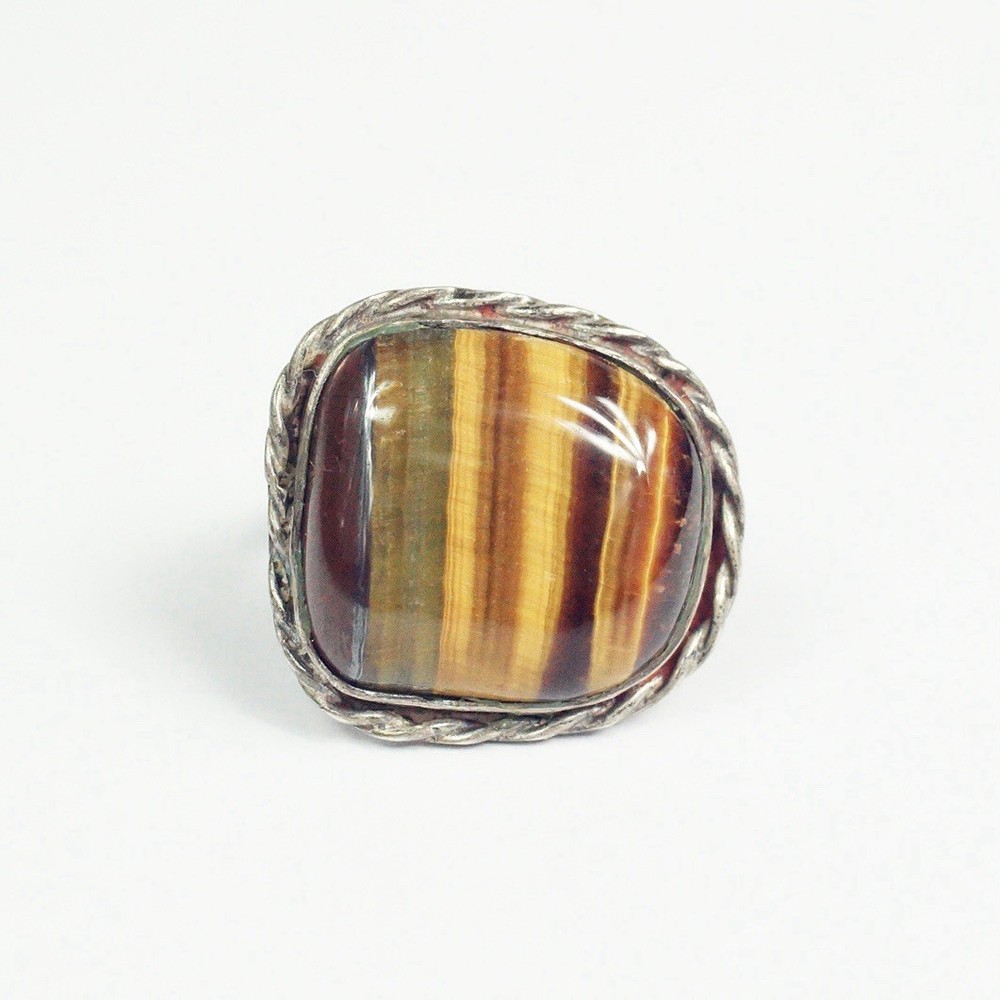 Vintage Sterling Silver Rope Edge Large Tiger’s Eye Ring Size 9.75 Braided Band