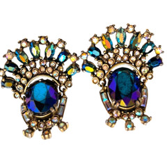1966 Hollycraft Peacock Blue Iridescent Rhinestone Necklace, Bracelet & Earring