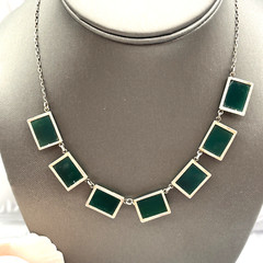 Vintage Art Deco Chrysoprase Open Back Bezel Sterling Collar Necklace 15.5″