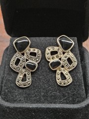 Vtg Art Deco Geometri Sterling Silver 925 Marcasite & Black Onyx Pierce Earrings