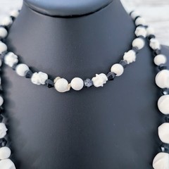 Vintage Necklace Statement Unusual Cream & Black Very Long Can Be Layered