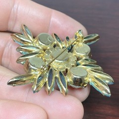 MCM Light Aqua Blue Glass Faceted Prism Rhinestones Pin Brooch 2.5” Goldtone Vtg