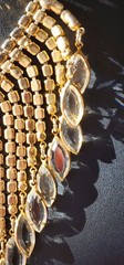VTG Navette Bibb Necklace Gold Tone Statement AB Glass Graduated Reversible 1950