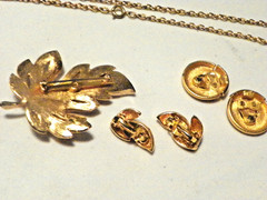 Nice Vintage Jewelry Portrait Pendant Necklace-BSK Leaf brooch 2 pr earring