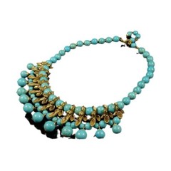 Electroplated antique gold and turquoise handmade bead necklace vintage jewelry