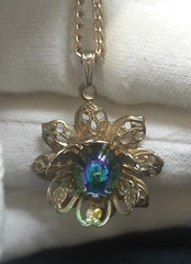 Vintage 1980s Brass Filigree Necklace Rich Gems Las Vegas Unsigned