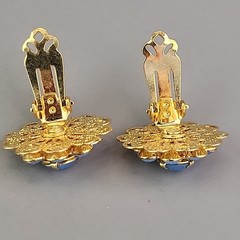 Rhinestone Flower Brooch Clip On Earrings Set Blue Opalite Round