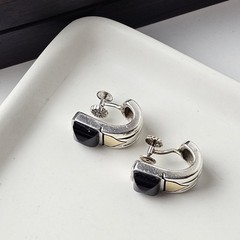 Vintage 925 Sterling Silver & 18 K Gold Black Onyx Screw-back Modernist Earrings