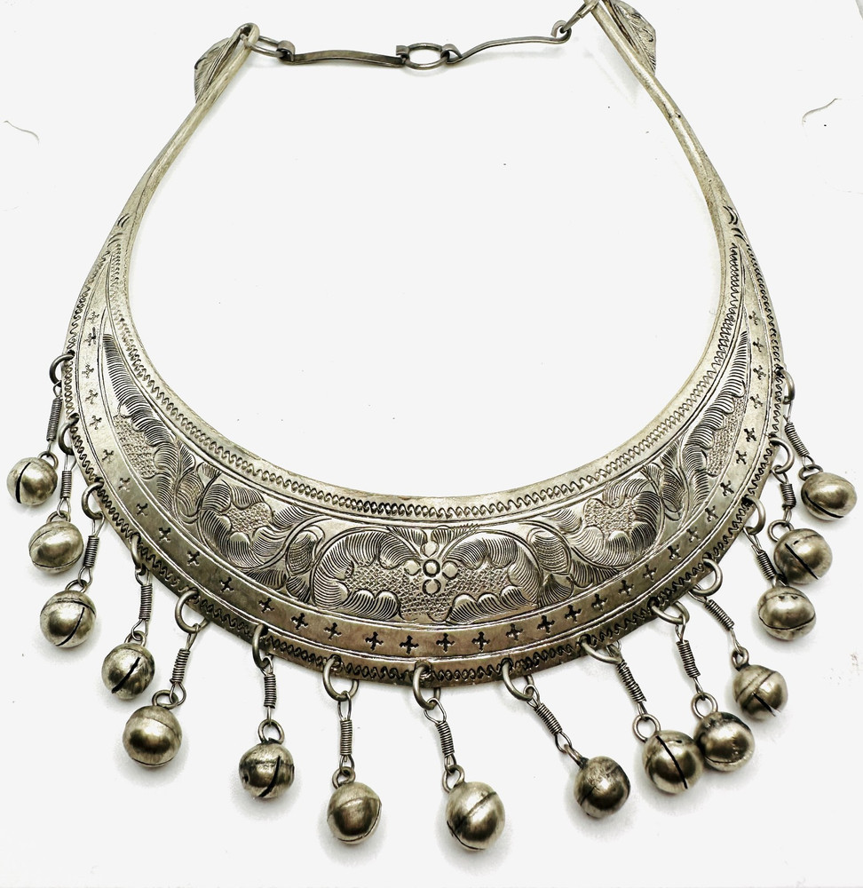 Vintage Miao Hmong Silver Ceremonial Necklace w Dangles, Etching