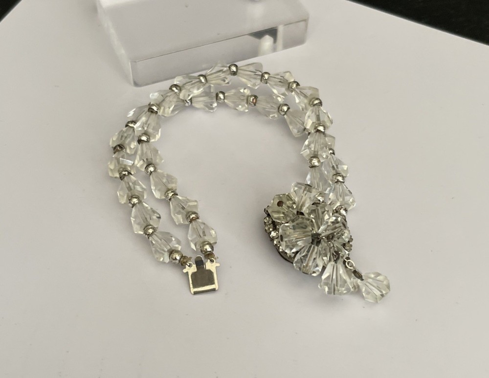 Vtg Faceted Clear Cut Crystal Bead Bracelet Double Strand Rhinestone Clasp 7.5”