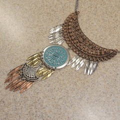 Tribal 18in Bib Necklace Copper And Silver Tone Dangling Feathers Boho Vintage