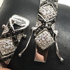 Vintage Silver tone Onyx & Clear Cubic Zirconia X Design Tennis Bracelet 7″