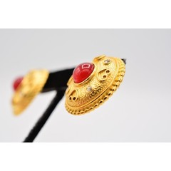Vintage Cabochon Earrings Red Brushed Gold Matte Chunky Crystal NOS 1980s BinA11
