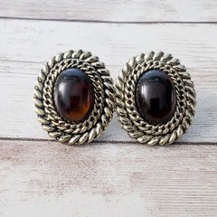 Vintage Earrings for Pierced Ears Dark Brown with Gold Tone Halo