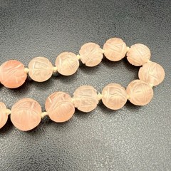 Chinese Export Blush Pink Carved Rose Quartz Necklace Floral Pendant 17 Inches