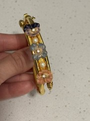 Vintage Joan Rivers Flower Bangle Bracelet Pearl Gold Tone With Safety Chain