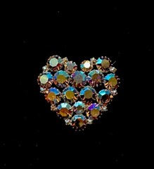 vintage blue aurora borealis Peacock AB Iridescent Crystal Cluster Heart Brooch
