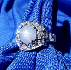 EARTH MINED STAR SAPPHIRE DIAMOND ART Deco Engagement Ring SOLID 14K WHITE GOLD