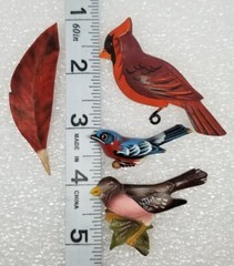 Handmade Bird Brooch Pin Lot of 4 – Takahashi? Wood Leather Cardinal Feather Vtg