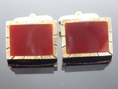Vintage Gold Tone Red Stone Rectangular Cufflinks Mid Century Style
