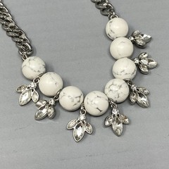 Designer Stone Necklace White Howlite Silver Tone Rhinestone Fringe Adornable.U