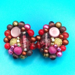 Vintage Japan Multi-Color Clip On Cluster Beaded Earrings Boho Chic