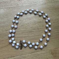 VTG Les Bernard Necklace 30 Inch White Glass Beads Faceted Gold Plated Barrel