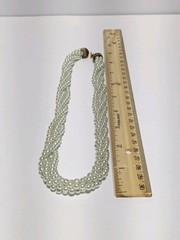 Vintage Pale Green Layered Imitation Pearl Bead Necklace With End Caps 17″