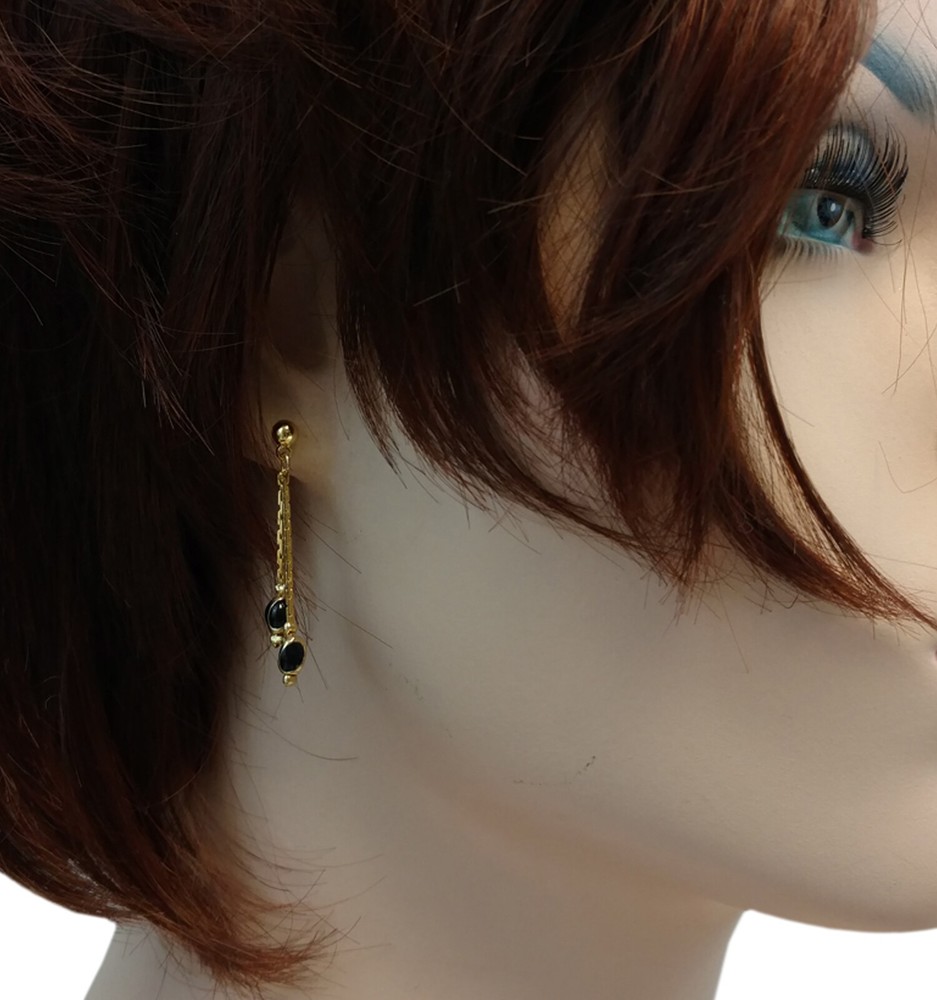 Gold Tone Chain Double Dangle Black Bead Pierced Earrings 1 1/2″