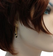 Gold Tone Chain Double Dangle Black Bead Pierced Earrings 1 1/2″