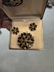 Vintage B. David brooch and clip on earring set. Black rhinestones. w/ box