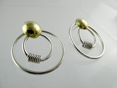 Sterling Silver and Brass Dual Circle Modernist Stud Earrings 12g 1.5 Inches