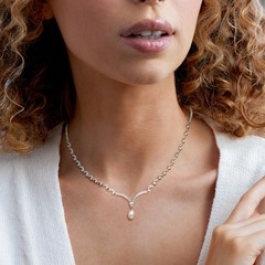Vint 10×7.5mm Cult Prl Drop Ncklc w Diamonds in 18k White Gold 17 inches