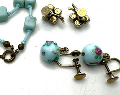 Lot Vtg Deco Czech Aqua Glass Cube Bead Necklace & Murano & JMS 1/20 GF Earrings