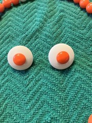Vintage MCM Orange&White Lucite Chunky Bead Necklace and Clip Earrings-Hong Kong