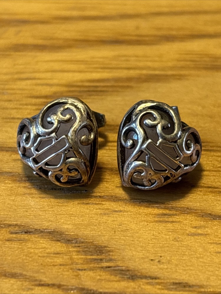Vintage Harley-Davidson 925 Silver And Rose Quartz Post Heart Earrings