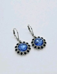Monet Dangle Flower Earrings Blue Rhinestone Silver Tone Leverback 1.25 in