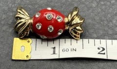 Vintage St. John 80s Red Enamel Rhinestone Candy Brooch Gold Tone Couture