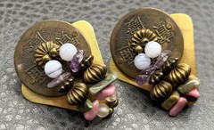 Vintage Brass Tone Asian Coin Cluster 80s Pierced Earrings Semi Precious Chips