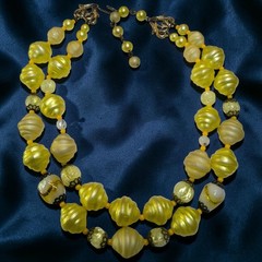 Vintage 1950s Yellow Lucite Crackle Glass Double Strand Necklace AB Wedding Cake