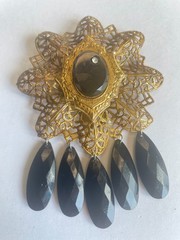 Vintage Dress Clip Gold Tone Black Glass Dangles 3.5 inches Statement