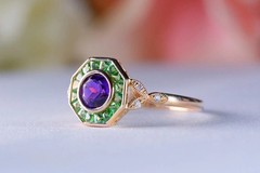 Art Deco Amethyst & Emerald Lab Created Diamond Wedding Ring 14K Yellow Gold FN