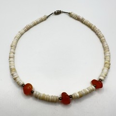 Vintage PUKA Shell Necklace with Carnelian Barrel Clasp 15 in Choker Beachy