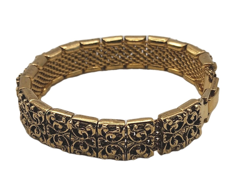 Vintage Gold Tone Filagree Link Open Work Slide Over Woven 7″ Mesh Bracelet Gift