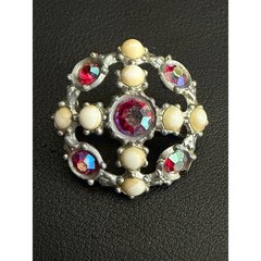 Vintage Pot Metal Brooch AJC Rhinestone Silver Tone Aurora Borealis Faux Pearl