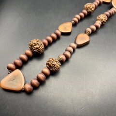 Chunky Boho Beaded Necklace Wooden Nut Seed Chocolate Brown Long 32” In Vintage