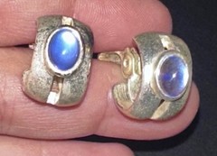 Vintage Silver Half Hoop Blue Moonstone Monet Clip-On Earrings Huggie Cuff