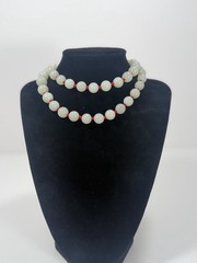 Vintage Chinese Red Knot Celadon Jade Bead Necklace 24” W/ Silver Clasp